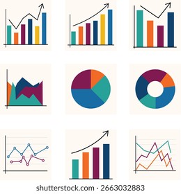 Minimalist vector illustration set featuring 9 flat-style business analytics charts, including pie, bar, line, and area graphs with colorful abstract themes