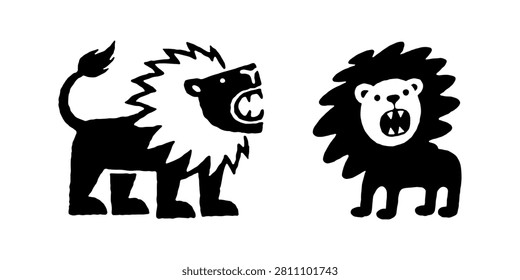 A minimalist vector illustration set featuring two stylized black and white lions roaring at each other in a graphic, hand-drawn style. This set captures the bold, ferocious energy of the king of the jungle in a clean and simple design suitable for various art and design projects. The facing profiles create a dynamic composition that emphasizes strength and wild nature. #Lion #Roar #MinimalistArt #VectorIllustration #BlackandWhite #ArtPrint #JungleKing #WildAnimals #GraphicDesign #ArtSet