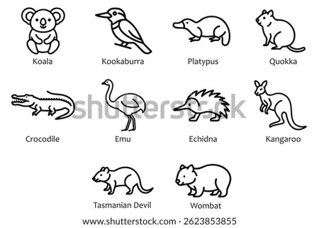 Minimalist vector illustration set featuring silhouettes of famous Australian animals in solid black. Includes iconic wildlife such as koala, kangaroo, emu, crocodile, wombat, platypus and kookaburra.