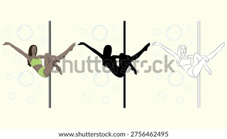 Minimalist vector illustration set featuring a woman performing an aerial dance move on a vertical bar. The triptych composition shows three coordinated versions of the same female athlete: a full-color figure, a bold black silhouette, and a clean line art variation. The performer is captured in a dynamic seated pose with one leg bent and the other extended, while one arm reaches outward, expressing flexibility, strength, balance, and graceful body control. She wears a bright green performance outfit, and her long hair adds elegance and flow to the composition. Soft blue bubble-like circles scattered across the light neutral background create a playful, airy atmosphere with a modern decorative touch. Contemporary flat design with clean outlines, spacious negative space, and balanced visual rhythm. Suitable for themes related to dance, fitness, acrobatics, movement, studio practice, feminine empowerment, active lifestyle, and modern sports illustration. Ideal for posters, editorial projects, branding, social media, prints, and stock graphic collections.