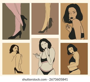 Ilustração vetorial minimalista em estilo retrô retrata mulheres em lingerie e saltos, com contornos arrojados, tons de bege neutro e marrom, formas geométricas planas e poses elegantes e confiantes.