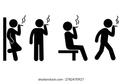 Minimalist vector illustration set of smoking people representing cigarette addiction, unhealthy lifestyle, nicotine dependence, and public health awareness. Ideal for medical, anti-smoking, and healthcare concepts.