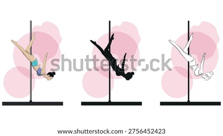 Minimalist vector illustration set of a woman performing an inverted aerial dance pose on a vertical bar. Triptych composition with three versions of the same female performer: full-color artwork, solid black silhouette, and clean line art. The athletic dancer is shown upside down with extended legs and graceful arm positioning, conveying strength, flexibility, balance, and elegance. She wears a two-piece performance outfit, and her hair is styled in a bun. Soft blush pink abstract circular shapes in the background create a modern feminine aesthetic against a light neutral backdrop. Flat contemporary design with clean lines and decorative simplicity, suitable for themes such as aerial fitness, dance studio, body control, acrobatics, movement, wellness, feminine empowerment, sports illustration, and active lifestyle. Spacious layout with copy space, ideal for posters, prints, social media, branding, and creative editorial use.