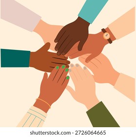Ilustração vetorial minimalista de várias mãos de tons de pele diferentes unidas em um círculo. Inclusão, diversidade cultural, igualdade e trabalho em equipe.