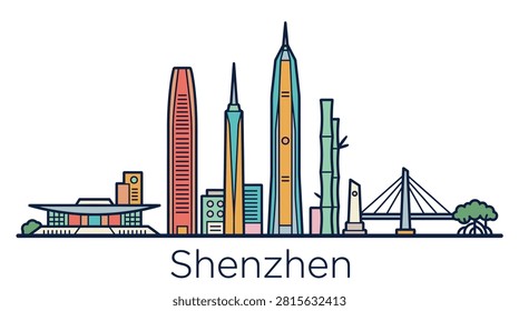 A minimalist vector illustration of the Shenzhen skyline featuring iconic skyscrapers and landmarks in a colorful line art style.