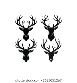 A minimalist vector illustration showcases a set of four elegant silhouetted deer heads with intricately detailed antlers, set against a pristine white background. This versatile graphic is ideal for 