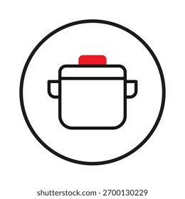 Eine minimalistische Vektorgrafik zeigt ein einfaches Kochtopf-Symbol, das elegant in einem Kreis eingeschlossen ist. Dieses Design verwendet saubere Umrisse und einen Hauch von Rot auf dem Deckel, sodass es ideal für