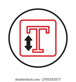 Uma ilustração vetorial minimalista exibe um ícone de texto. Possui uma letra vermelha em negrito, 'T', envolta em um quadrado com uma seta indo para cima e para baixo, tudo incluído em um círculo preto. Este gráfico