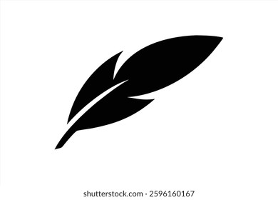 A minimalist vector illustration showcasing a black feather against a white background. The feather features a smooth silhouette with natural curves, ideal for design projects.