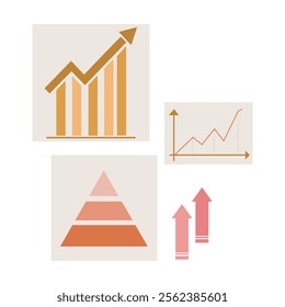 A minimalist vector illustration showcasing financial statistics and growth charts, including bar graphs, line graphs, a pyramid diagram, and upward arrows, symbolizing business success.
