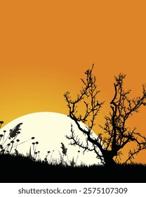 A minimalist vector illustration showcasing the silhouette of a barren tree and wild plants with a large glowing sun setting against a vivid orange sky.