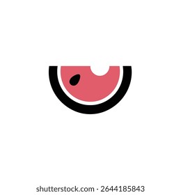 A minimalist vector illustration showcasing a watermelon slice with a bite taken out, rendered in pink, black, and white, perfect as an icon or graphic element.