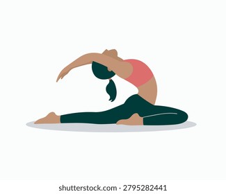 Minimalist vector illustration showing a flexible woman performing an elegant yoga pose while wearing comfortable red and black athletic clothing