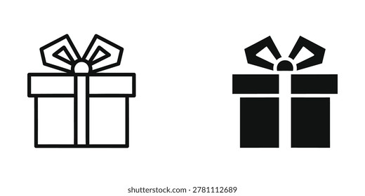Minimalist vector illustration showing a gift box with a decorative bow ribbon, presented in black and white contrast for versatile use in designs.