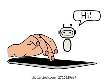 A minimalist vector illustration showing a human hand touching a tablet while a friendly AI chatbot appears with greeting, symbolizing human technology interaction. Isolated on white background