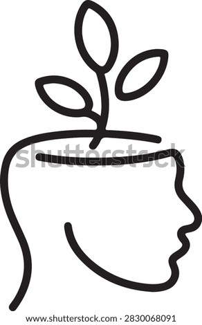 Minimalist vector illustration showing human head profile silhouette with growing plant representing creative mental growth concept