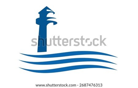 Minimalist vector illustration showing a lighthouse and blue waves