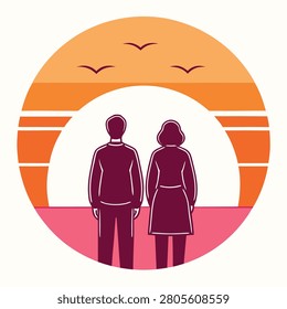A minimalist vector illustration showing a man and a woman standing together, viewed from behind, against a sunset background with birds flying.