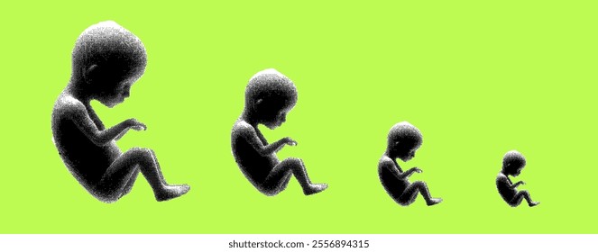 A minimalist vector illustration showing the progressive growth stages of a fetus in four silhouettes, displayed from largest to smallest, against a bright lime-green background.