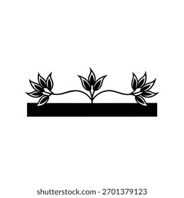 A minimalist vector illustration showing three stylized plants with leaves emerging from a solid horizontal line. Perfect for borders, dividers, emblems, and graphic design.