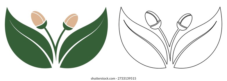 Ilustración vectorial minimalista que muestra dos hojas verdes que soportan dos delicados capullos florales, estilo de contorno incluido