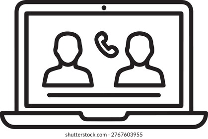 Minimalist vector illustration showing two cartoon figures in a video call on a laptop screen