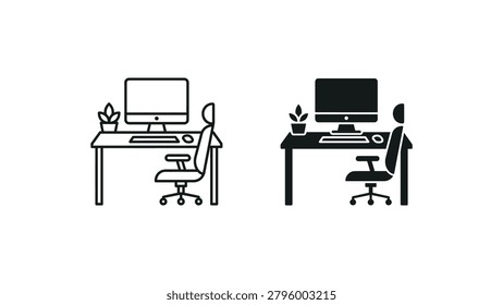 Minimalist vector illustration showing two identical office setups, each featuring a desk with a computer monitor, keyboard, mouse, small potted plant, and office chair. Clean and professional design ideal for business or workspace themes.