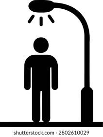 Minimalist vector illustration shows a lonely person standing beneath a bright street lamp icon to signify urban environments and nighttime navigation concepts.