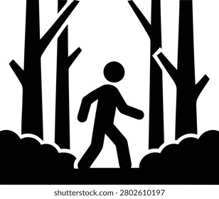 Minimalist vector illustration shows a person walking through a dense forest representing exploration and outdoor adventure in a clean and simple icon style.