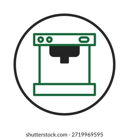 Una Ilustración vectorial minimalista muestra una cafetera estilizada contenida dentro de un borde circular. Este diseño simple y limpio sugiere una estética moderna perfecta para su uso en iconos, logotipos o