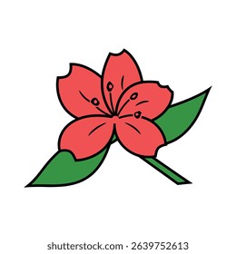 A minimalist vector illustration shows a vivid red five-petal flower with prominent stamens, paired with lush green leaves and black outlines, on a clean white backdrop.