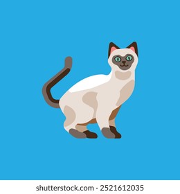 Una Ilustración vectorial minimalista de un gato siamés con ojos azules, sentado sobre un fondo azul vibrante.