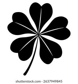 A minimalist vector illustration of a simple five-leaf clover in black and white, isolated on a clean white background. 