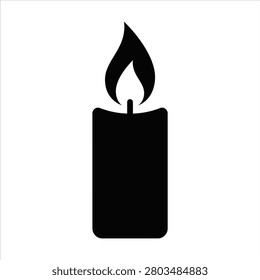 Minimalist vector illustration of a single black candle with a vibrant flame, clean lines, flat design, white background, simple yet elegant symbol for various uses.