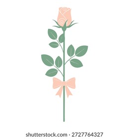 Una Ilustración vectorial minimalista de un solo tallo de rosa con hojas y un arco