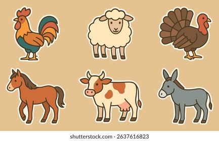 Minimalist vector illustration of six side-view farm animals in a cute, stylized design. Limited color palette: brown, light pink, white, burgundy. Perfect for kids, prints, and branding.