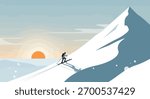 A minimalist vector illustration of a skier climbing a snow-covered mountain at sunrise. The scene captures the beauty and challenge of winter sports in nature.