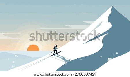 A minimalist vector illustration of a skier climbing a snow-covered mountain at sunrise. The scene captures the beauty and challenge of winter sports in nature.