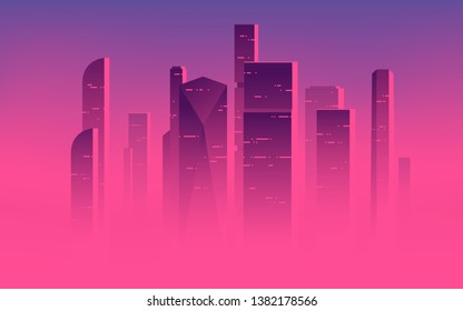 Minimalist vector illustration of a skyscrapers above the clouds, city highrises in a misty fog.