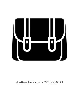 Minimalist vector illustration of a sleek black leather school bag with white stitching, isolated on a clean white background, ideal for education, back to school, and office themes.