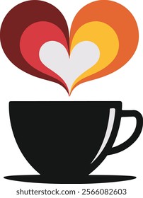 A minimalist, vector illustration of a sleek, modern black coffee mug with steam rising from it. The steam forms a heart shape, with a vibrant, gradient of warm colors