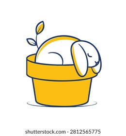 A minimalist vector illustration of a sleeping white rabbit resting inside a yellow flower pot with a tiny green plant sprout growing next to it