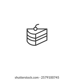Minimalist vector illustration of a slice of layered outline cake topped with a red cherry, perfect for designs focused on desserts, celebrations, or food-themed projects.