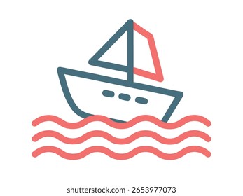 Ilustración vectorial minimalista de un Pequeño bote flotando sobre olas simples, utilizando colores CMYK y Fuentes básicas.