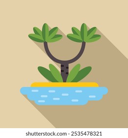 Minimalist vector illustration of a small tropical island with palm trees growing on it, flat design icon