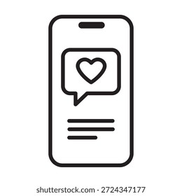 Minimalist vector illustration of a smartphone screen with a heart notification. Perfect for dating apps, online romance, and Valentine's Day digital marketing. Clean black outline design.