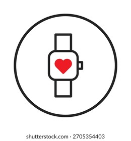 Um vetor minimalista ilustração de um smartwatch exibindo um ícone de coração, simbolizando o monitoramento de saúde e monitoramento de fitness. Um design moderno e limpo ideal para ilustrar a tecnologia, a saúde,
