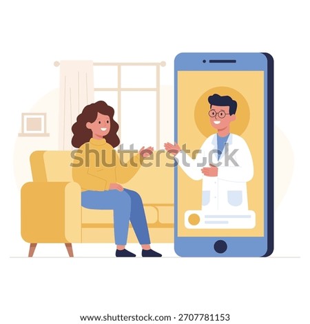 Minimalist Vector Illustration of a Smiling Patient Receiving Virtual Medical Advice from a Doctor on a Large Smartphone, Representing Accessible Telehealth and Modern Digital Healthcare