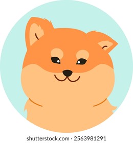 Minimalist vector illustration of a smiling shiba inu dog, a popular Japanese breed known for its fox like appearance, inside a light blue circle, conveying a sense of happiness and cuteness