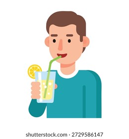 A minimalist vector illustration of a smiling young man drinking a beverage